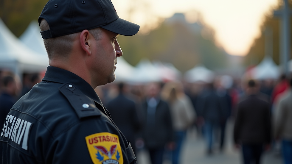 Close-up view of a security guard monitoring a crowd during an outdoor event