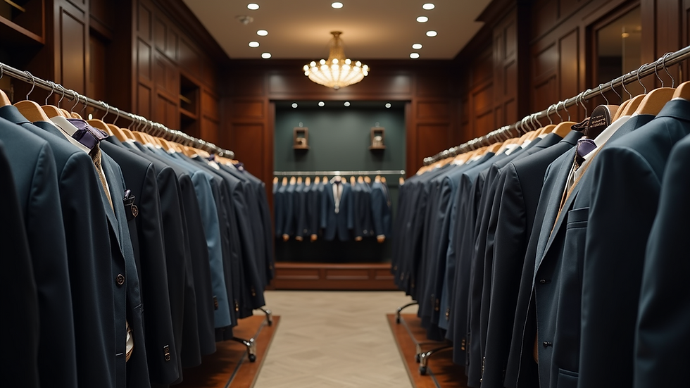 Wide angle view of a fashionable suit collection in a formal wear store