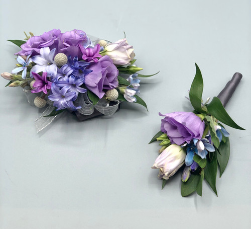 fitted lace wedding dress Corsage and Boutonniere Set Purple