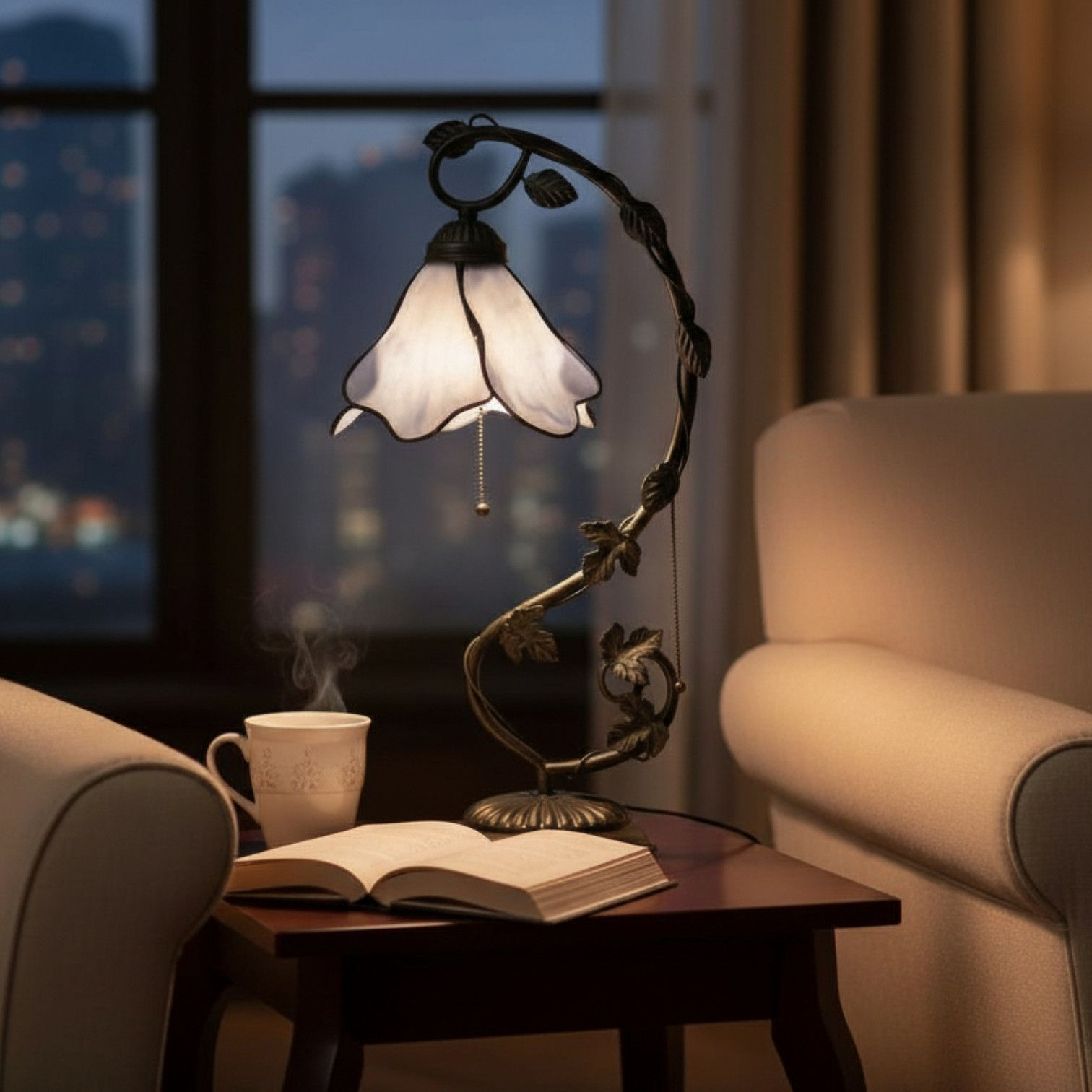 Tiffany flower lamp shade with rustic leaf base in a living room setting