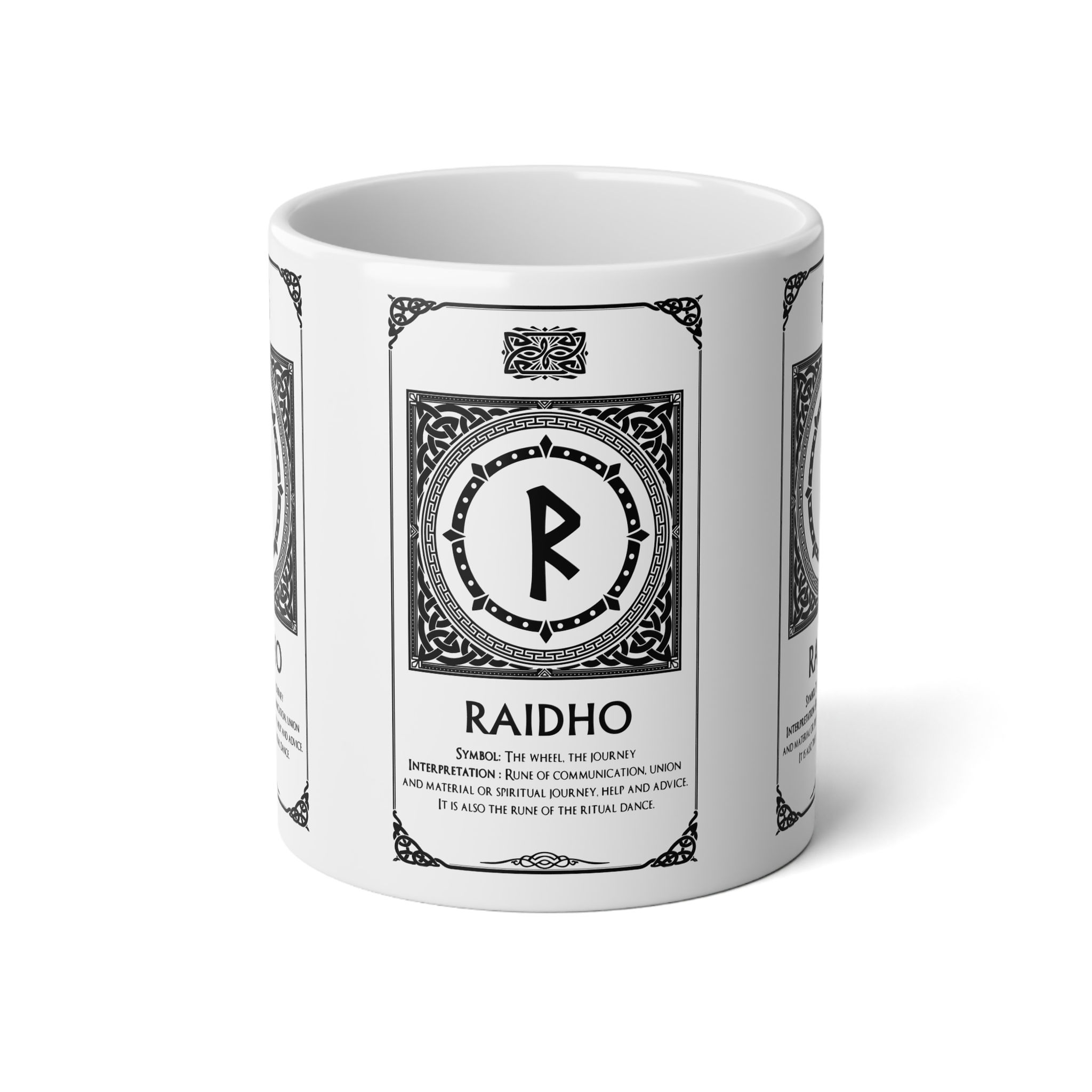 20 oz Raidho Rune Mug featuring the Elder Futhark symbol of journey and sacred travel in Norse tradition