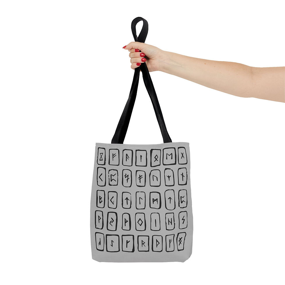 Thumbnail: Pagan Rune Tote – Gray Elder Futhark Print, Black or Red Handles, 3 Sizes