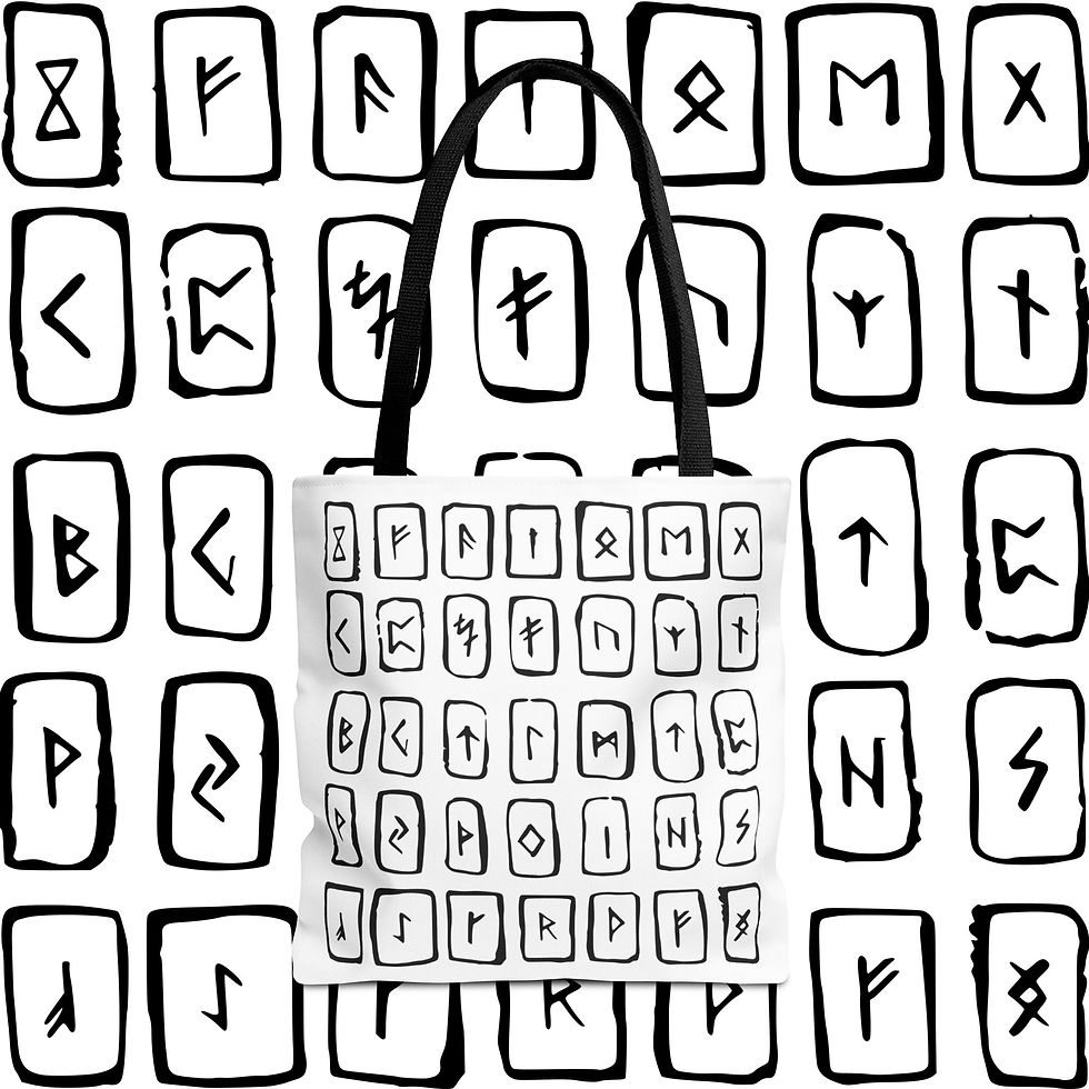 Thumbnail: White Norse Mythology Tote – Elder Futhark Runes, Black Handles