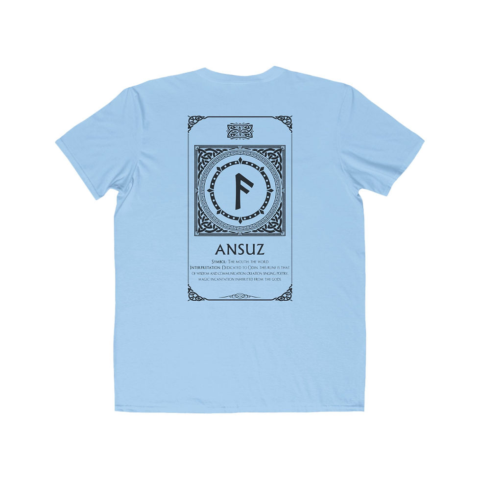 Viking-style model in blue shirt with Odin and ravens design
