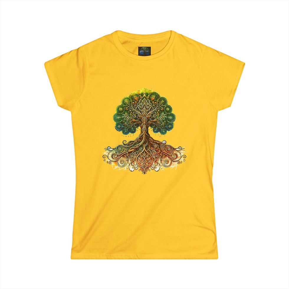 Thumbnail: Female model showcasing tree of life shirt for Norse-inspired apparel brand