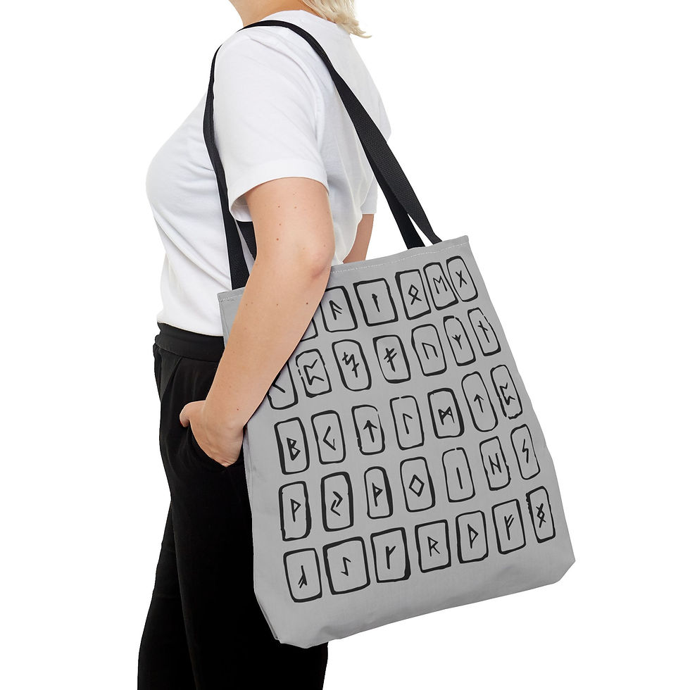 Thumbnail: Nordic Rune Tote – Gray Elder Futhark Design, 3 Sizes, Red Handles