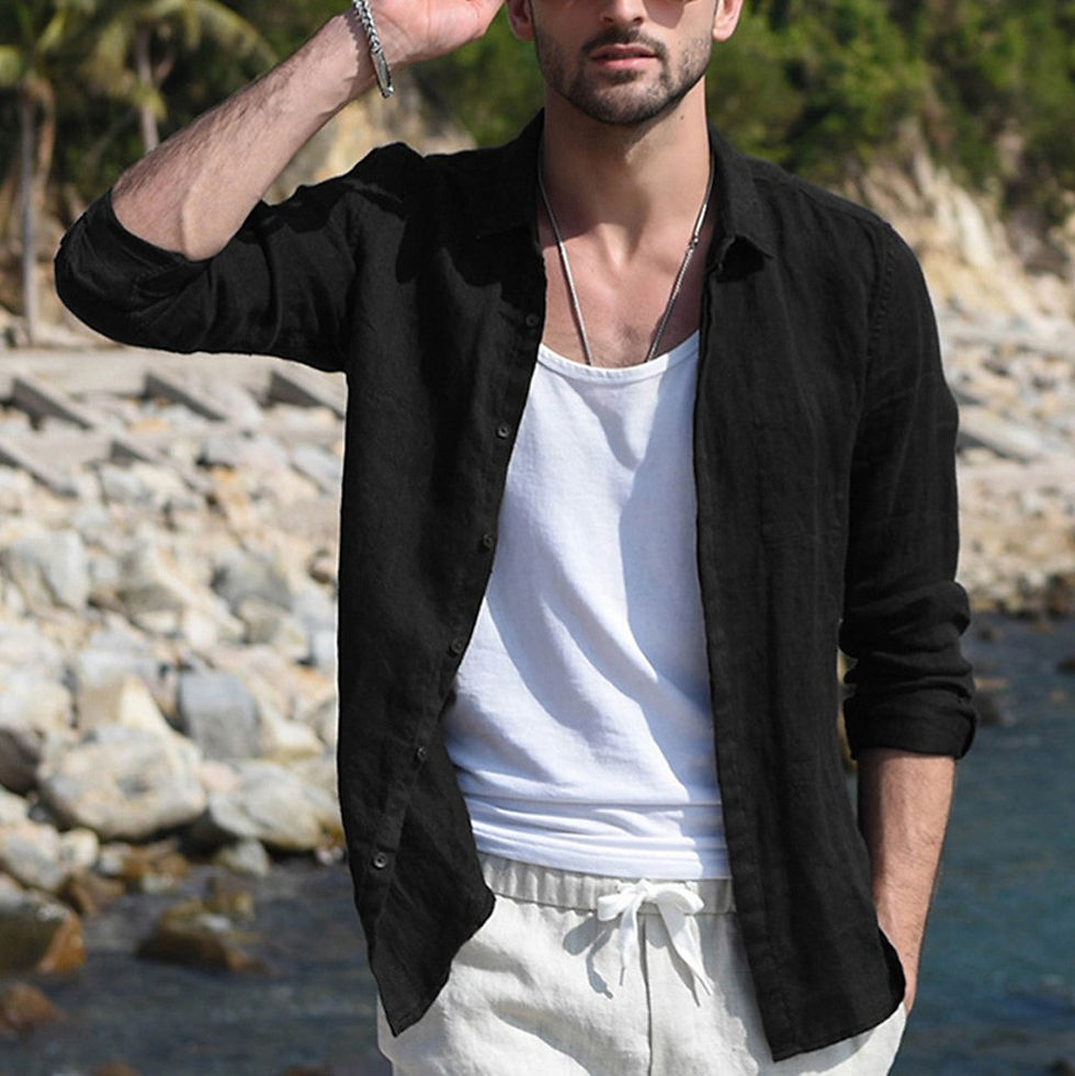 Thumbnail: Cotton-linen men’s shirt folded neatly on wooden bench with leather pouch