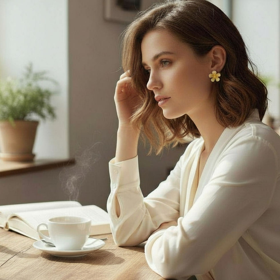A woman wearing the flower of the bee and flower earring set