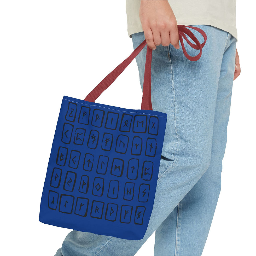 Thumbnail: Nordic Rune Tote Bag – Elder Futhark Symbols, Blue and Red Handle Options