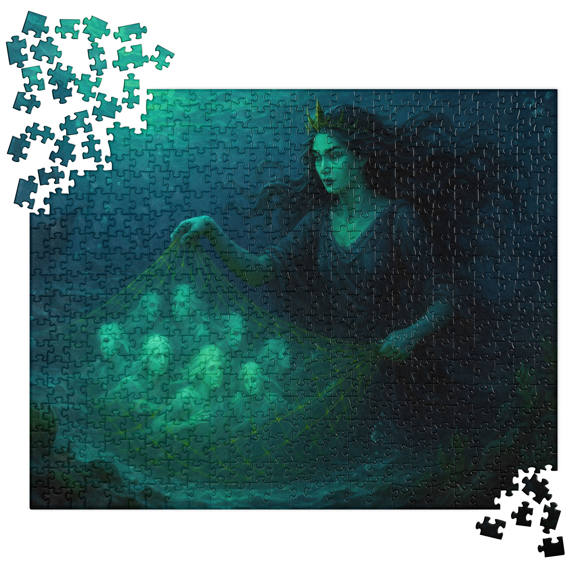 Underwater scene of Norse sea goddess Rán capturing souls in a golden net with a shipwreck and treasure chest in the backgrou