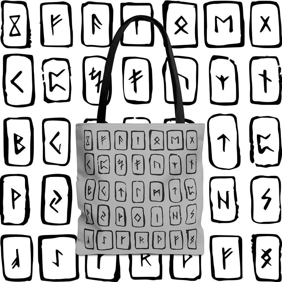 Thumbnail: Viking Mythology Tote – Gray Elder Futhark Runes, Black Handles