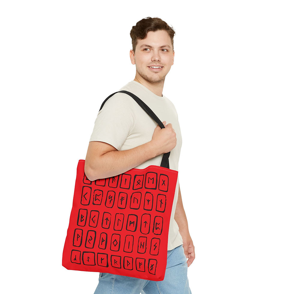 Thumbnail: Sacred Symbols Tote – Red Viking Runes, Pagan-Inspired Gift Bag