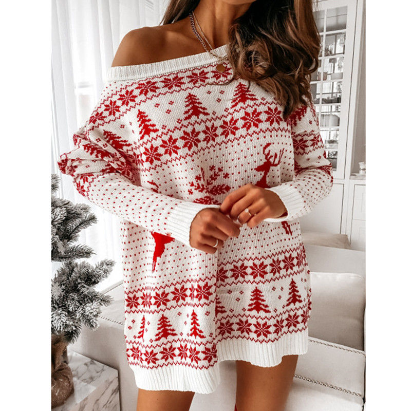 Women’s long-sleeve knitted sweater dress with Nordic winter pattern.