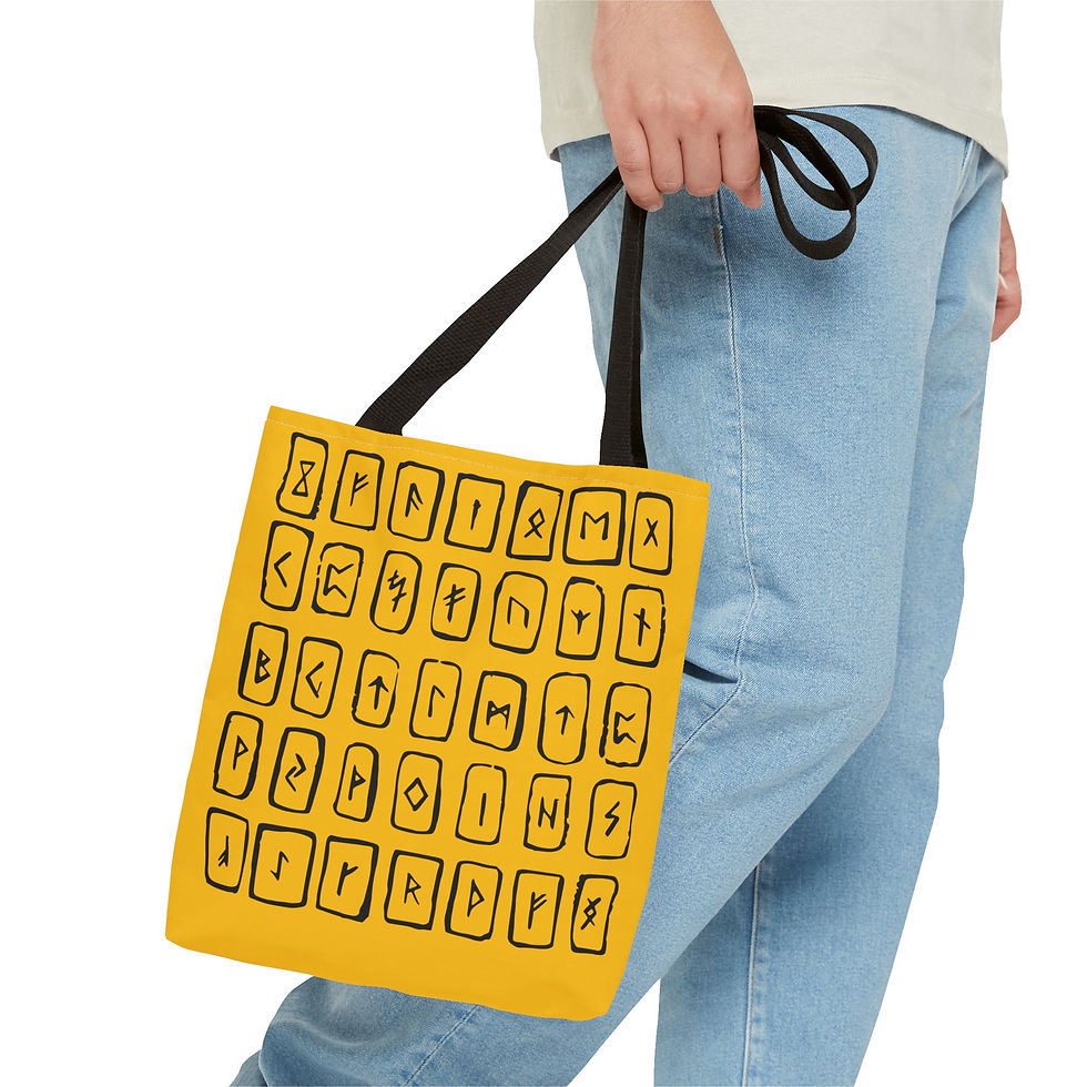 Thumbnail: Pagan Gift Tote – Yellow Elder Futhark Print, Black or Red Handles, 3 Sizes