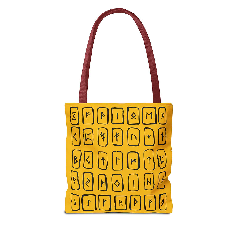 Thumbnail: Yellow Viking Rune Tote – Elder Futhark Print, Red Handles, Norse Gift