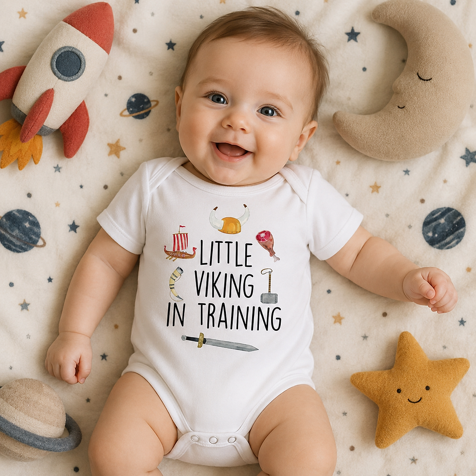 Cute baby wearing the Little Viking in Training onesie