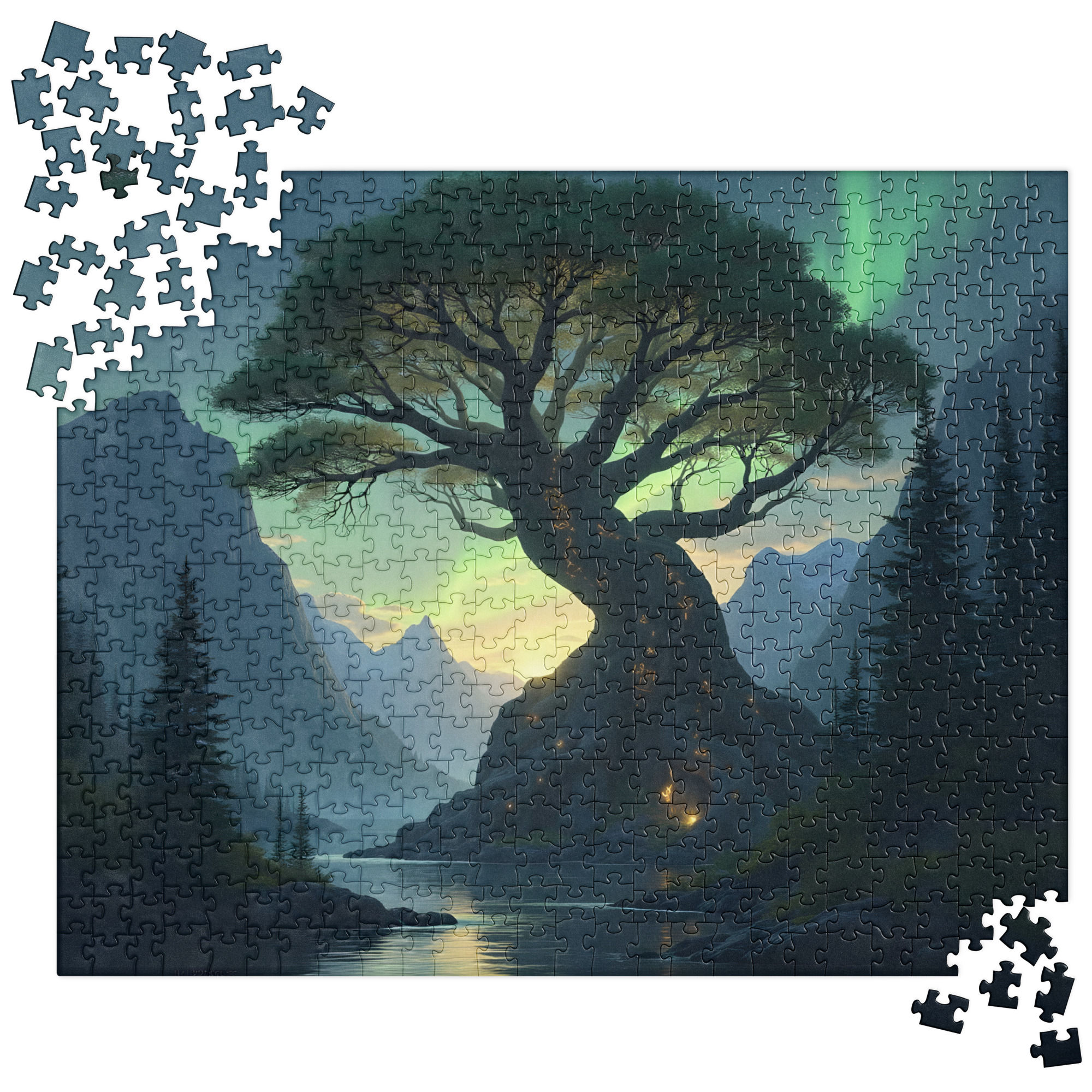 Flat lay of Yggdrasil puzzle in progress beside candle, herbs, and runes