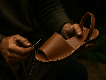 Close-up of a craftsman hand-stitching a handmade leather sandal, showcasing traditional Nordic footwear techniques with warm lighting and rustic detail.