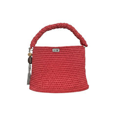 Bolsa feminina Rayons MD Création em crochê vermelho vivo com alça reforçada e pingente lateral, exibida em foto de cima.