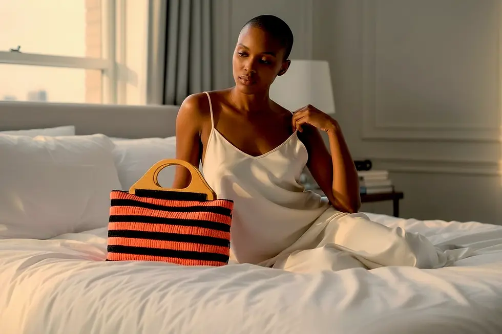 Miniatura: Mulher sentada em ambiente interno segurando bolsa de tapeçaria listrada Audace MD Création, em cena aconchegante e elegante.