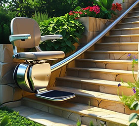 A modern outdoor stairlift moving up a garden staircase without a person. The lift is slee