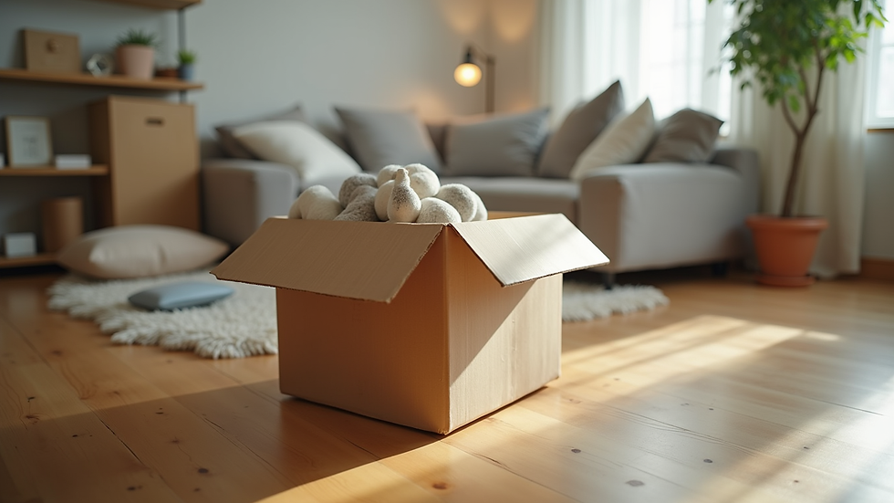 Eye-level view of a neatly organized moving box filled with household items