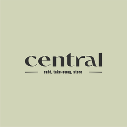 Logo mit der Aufschrift "central café, take-away, store" auf hellgrünem Hintergrund.