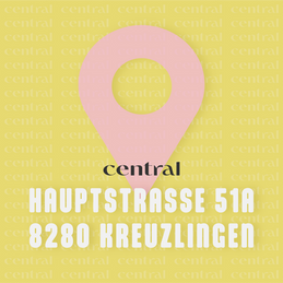 Rosa Pinnadel mit dem Logo "central" und der Aufschrift "Hauptstrasse 51a, 8280 Kreuzlingen"
