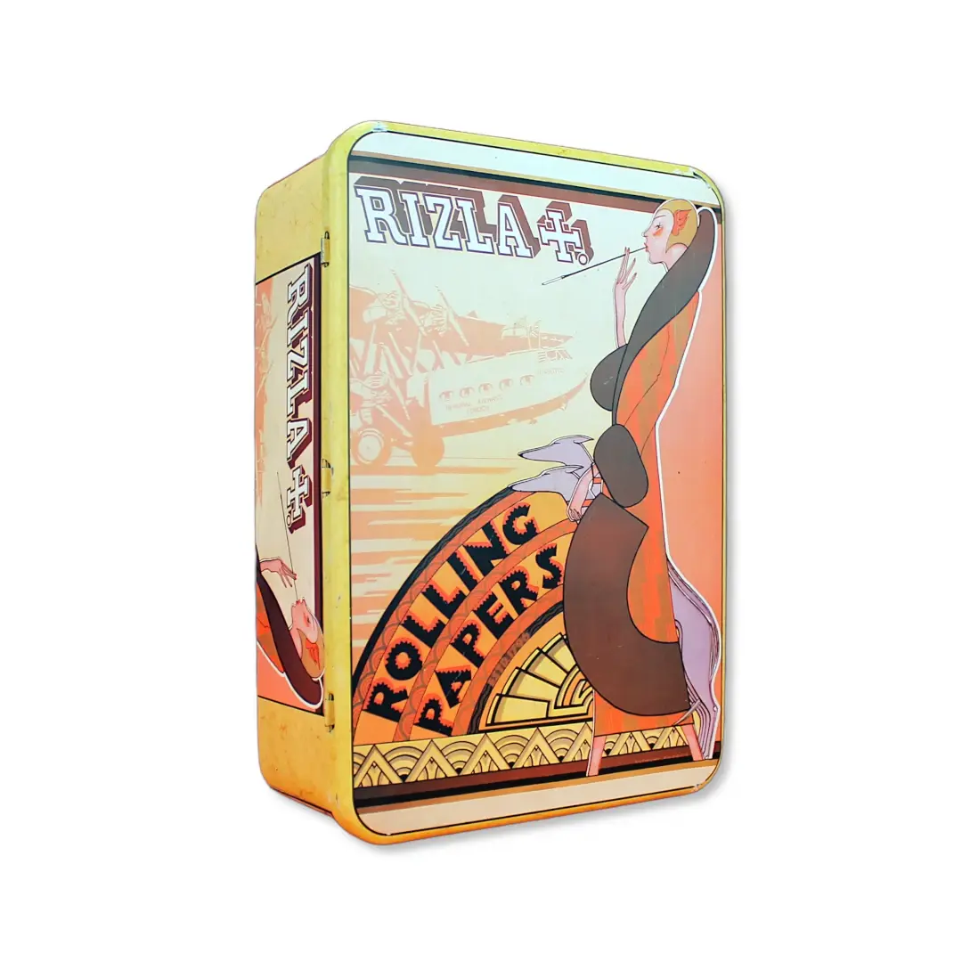 Ancienne boite en tôle de la publicité Rizla+ vue de face