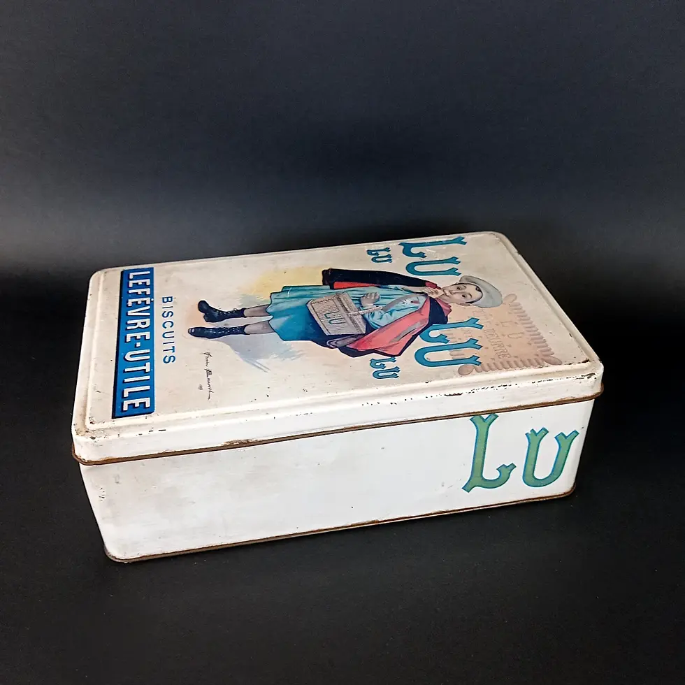 Boîte vintage de Biscuits LU Lefèvre-Utile Petit Écolier, vue du côté droit