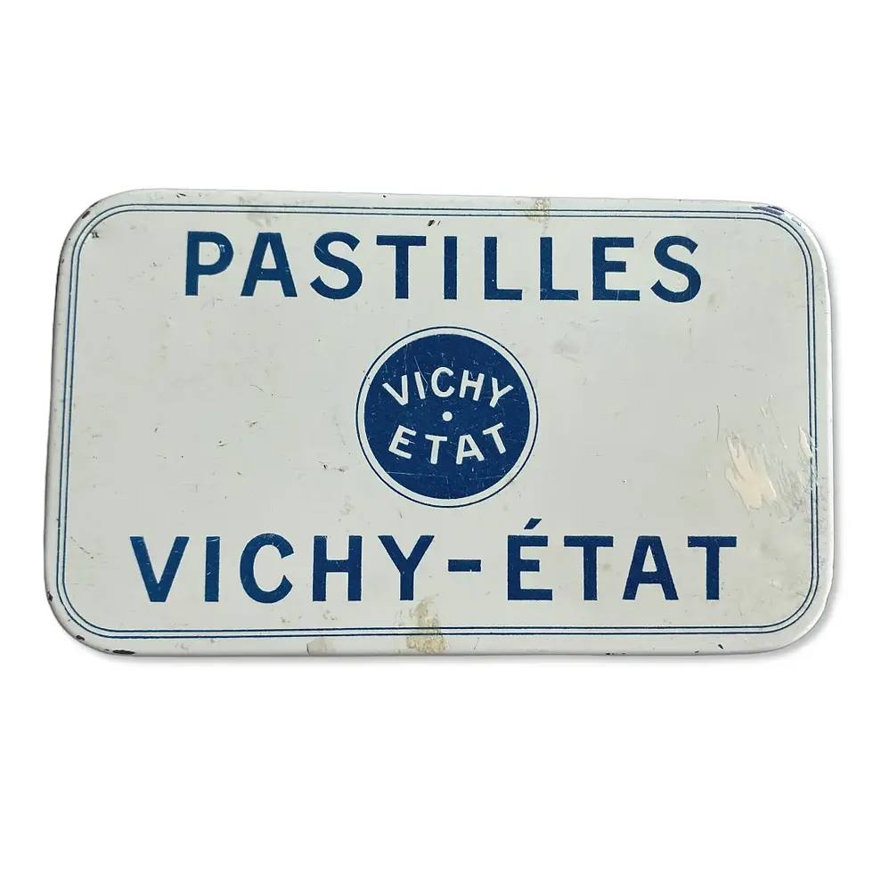 Boîte ancienne en tôle pastilles Vichy-Etat, vue de dessus