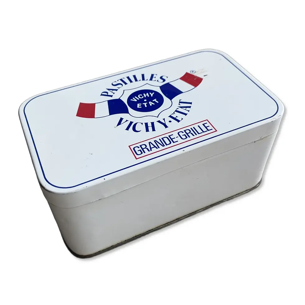 Ancienne boite en tôle pastilles Vichy-Etat Grande-Grille, de face