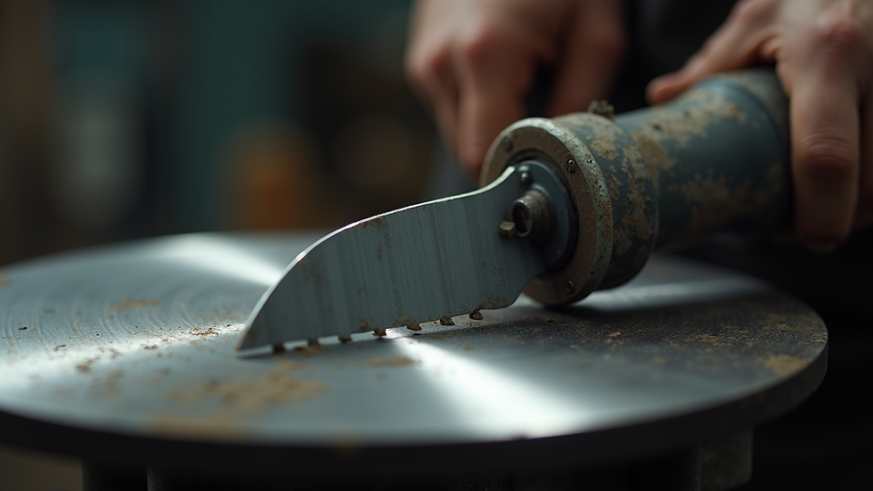 Close-up view of a lawn mower blade being sharpened on a grinding wheel