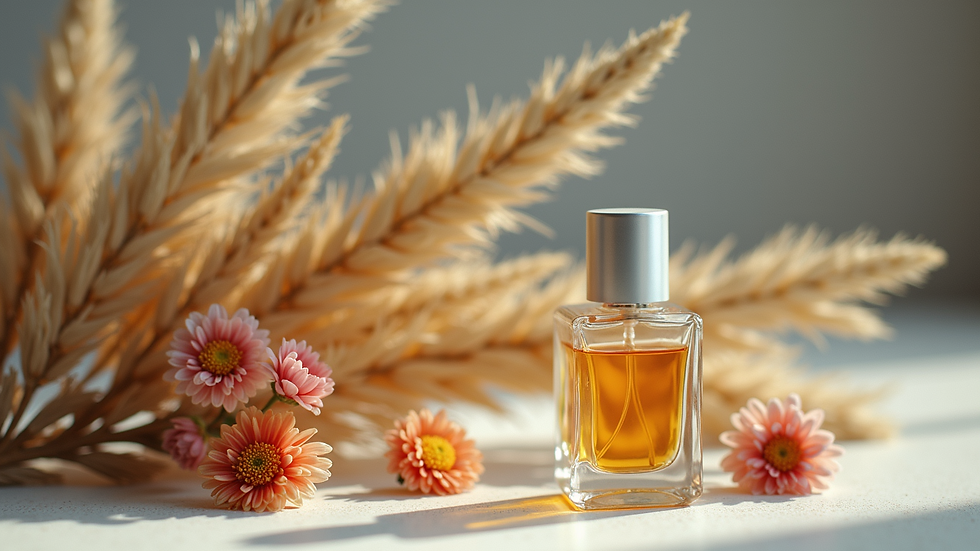 Eye-level view of a perfume bottle with dried flowers and fragrance ingredients