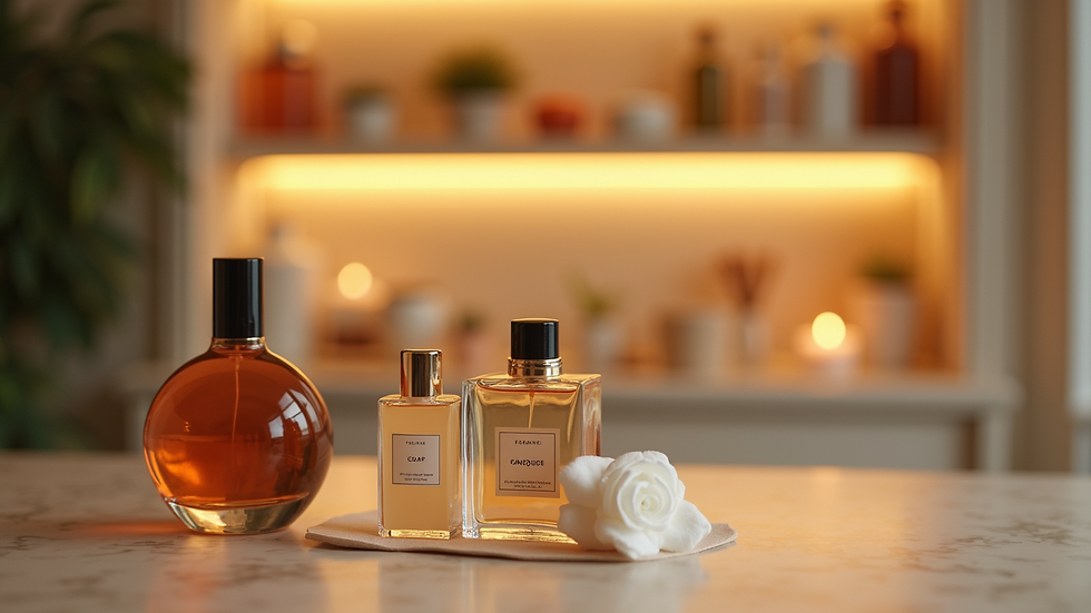 Eye-level view of a cozy fragrance testing area