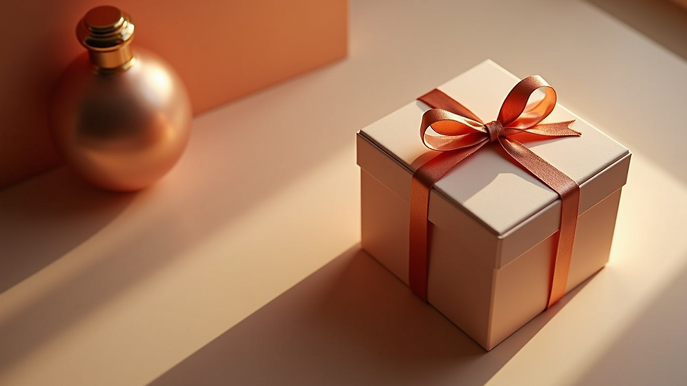 Eye-level view of a luxury perfume gift box with ribbon