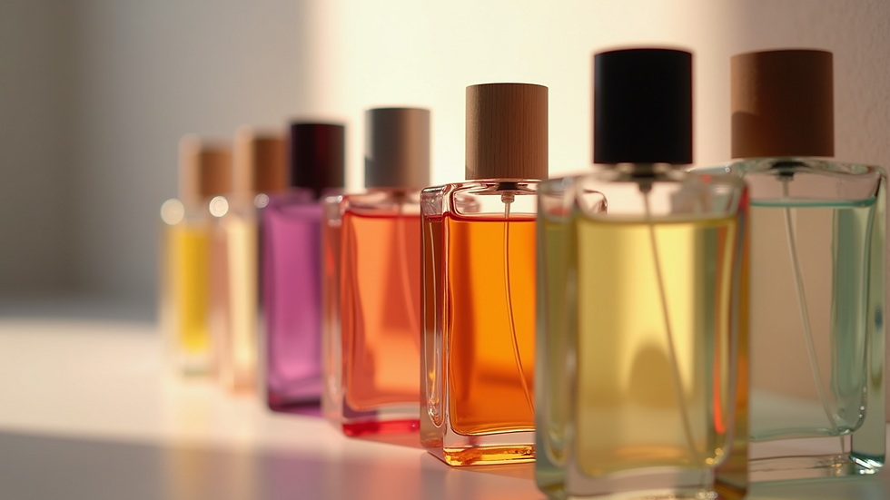 Close-up view of various colorful fragrance bottles