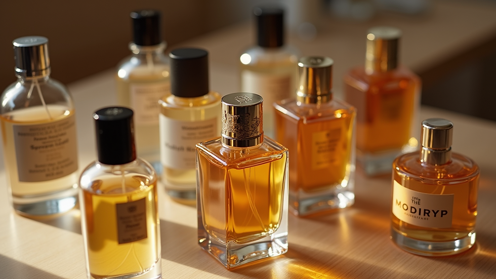 High angle view of perfume bottles with labels on a display table