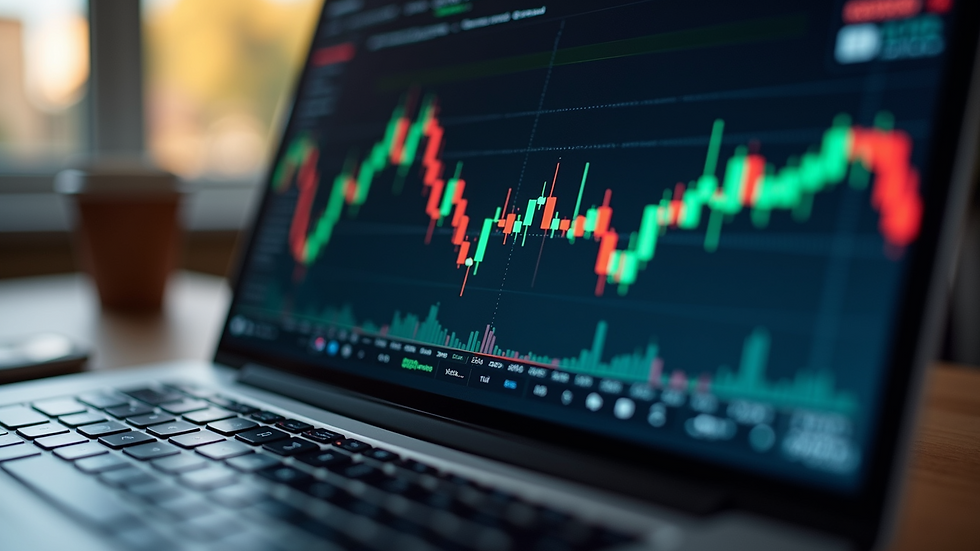 Eye-level view of a laptop screen showing cryptocurrency price charts
