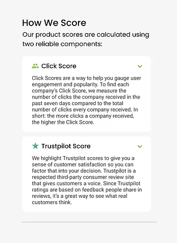 "how we score" section that explains click score and trustpilot score that calculates the official score of the offer