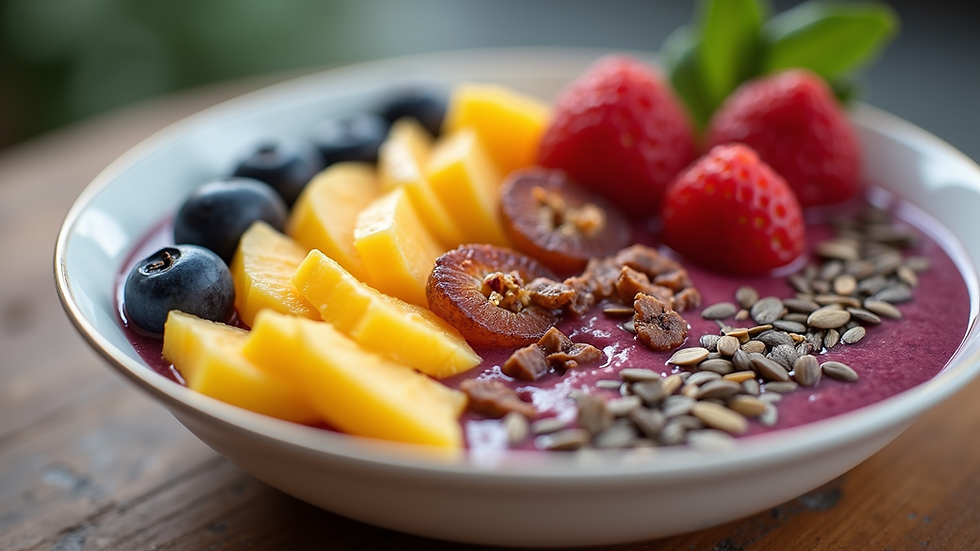 Close-up view of a tropical smoothie bowl topped with fresh fruit and seeds