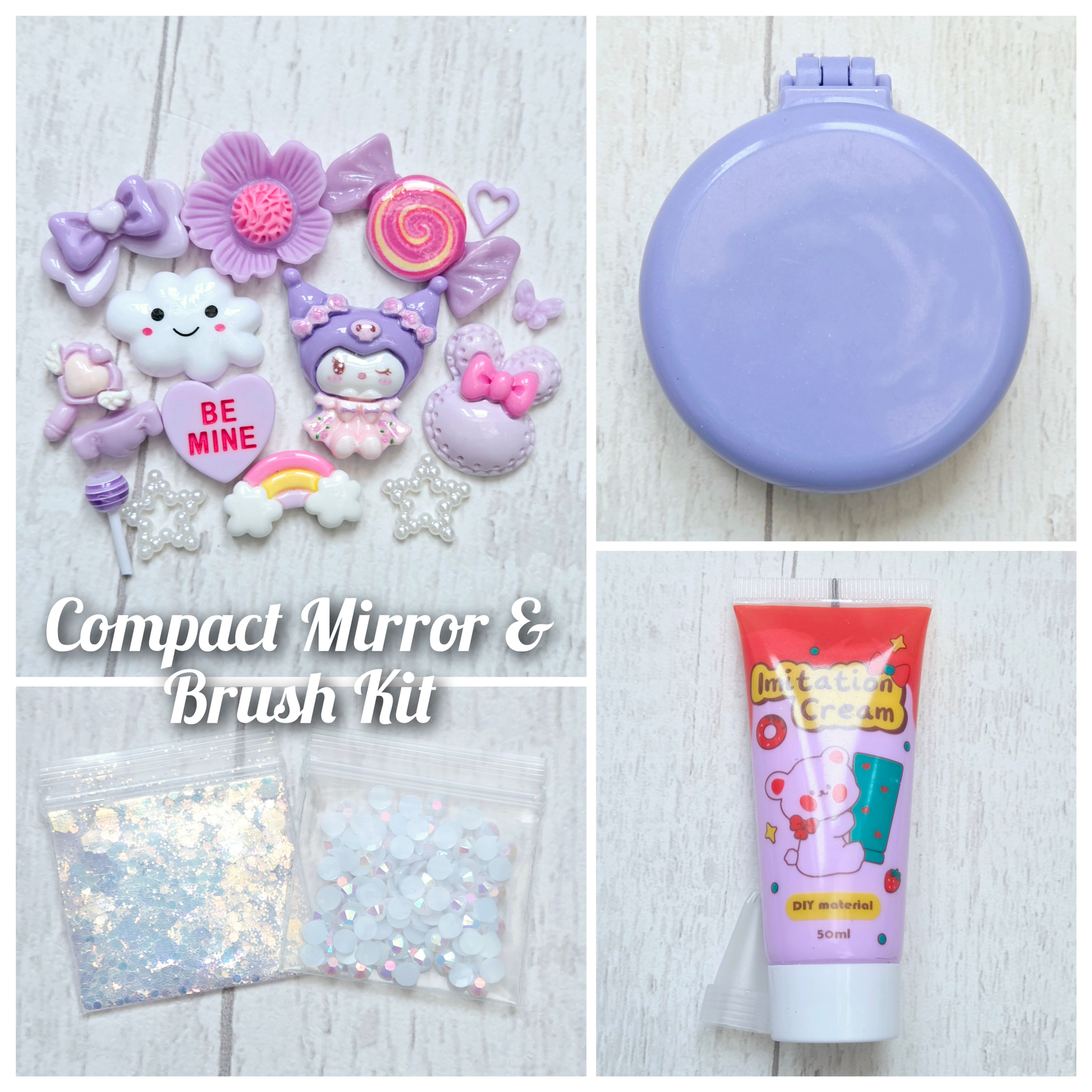 Purple Kuromi Compact Mirror & Hair Brush Decoden Kit