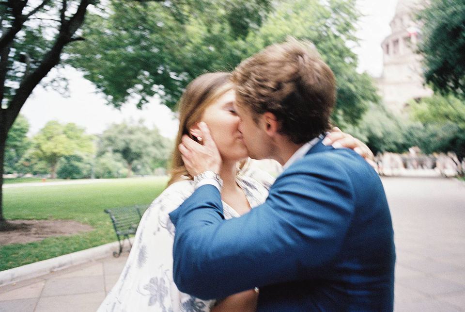 35mm film portrait during a destination engagement session where the couple met, at University of Texas in Austin. 