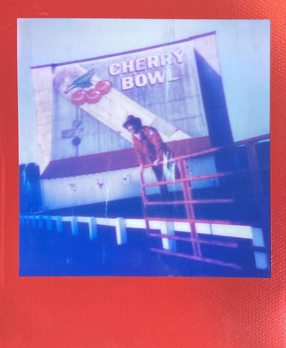 Vintage fashion editorial photographed on metallic red frame polaroids with blue tint, in Northern Michigan by film, fashion photographer Smith Brian.