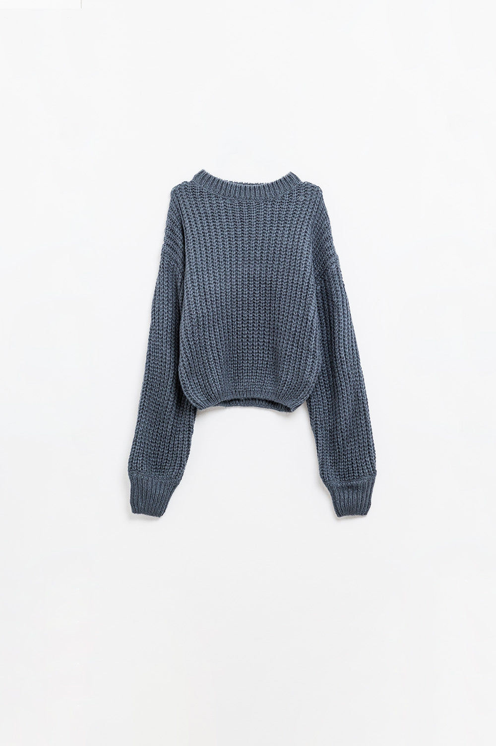 Dark Grey Chunky Knit Sweater With Balloon Sleeves