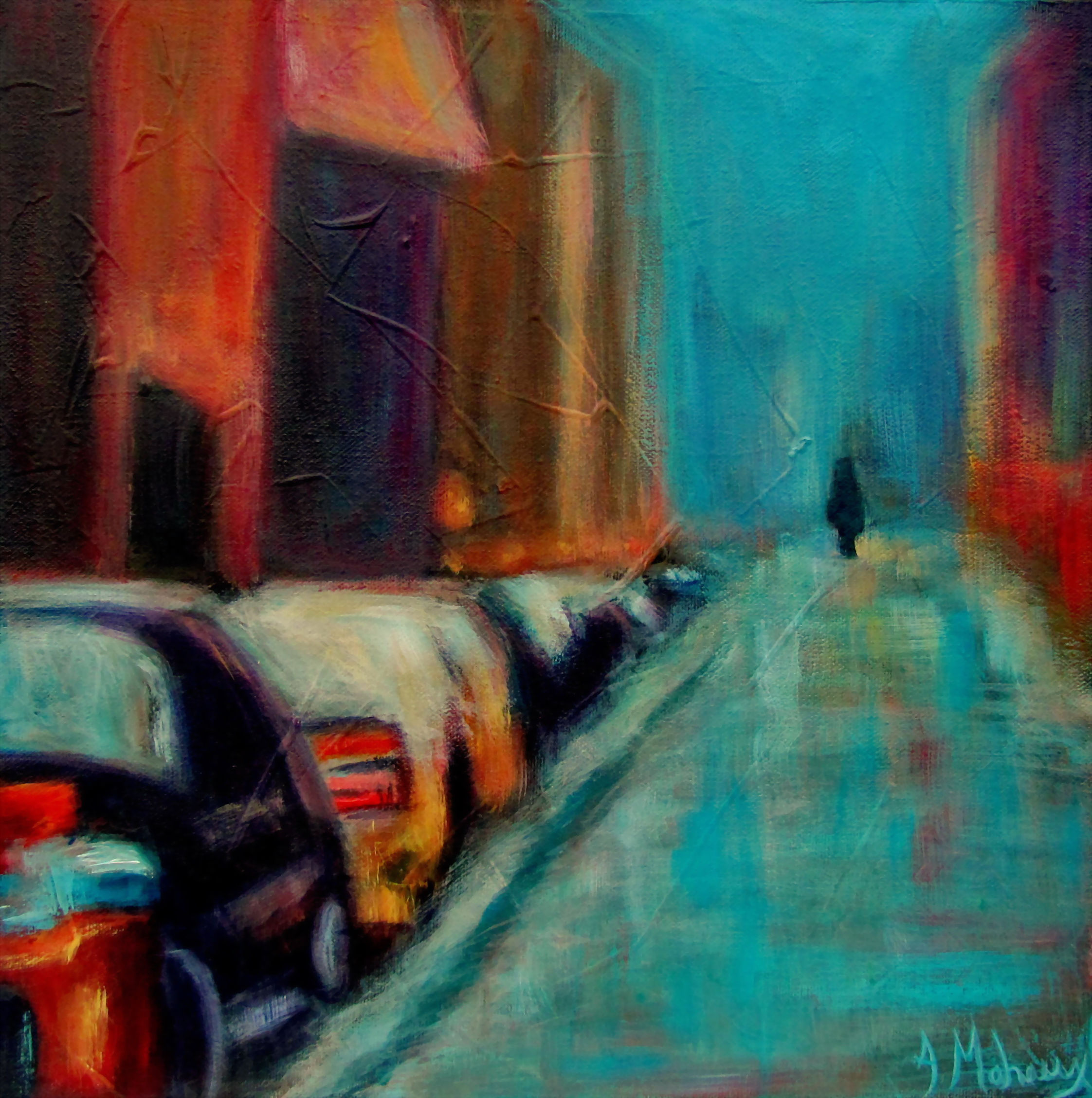 scène de rue avec marcheur par l'artiste Johanne Maheux