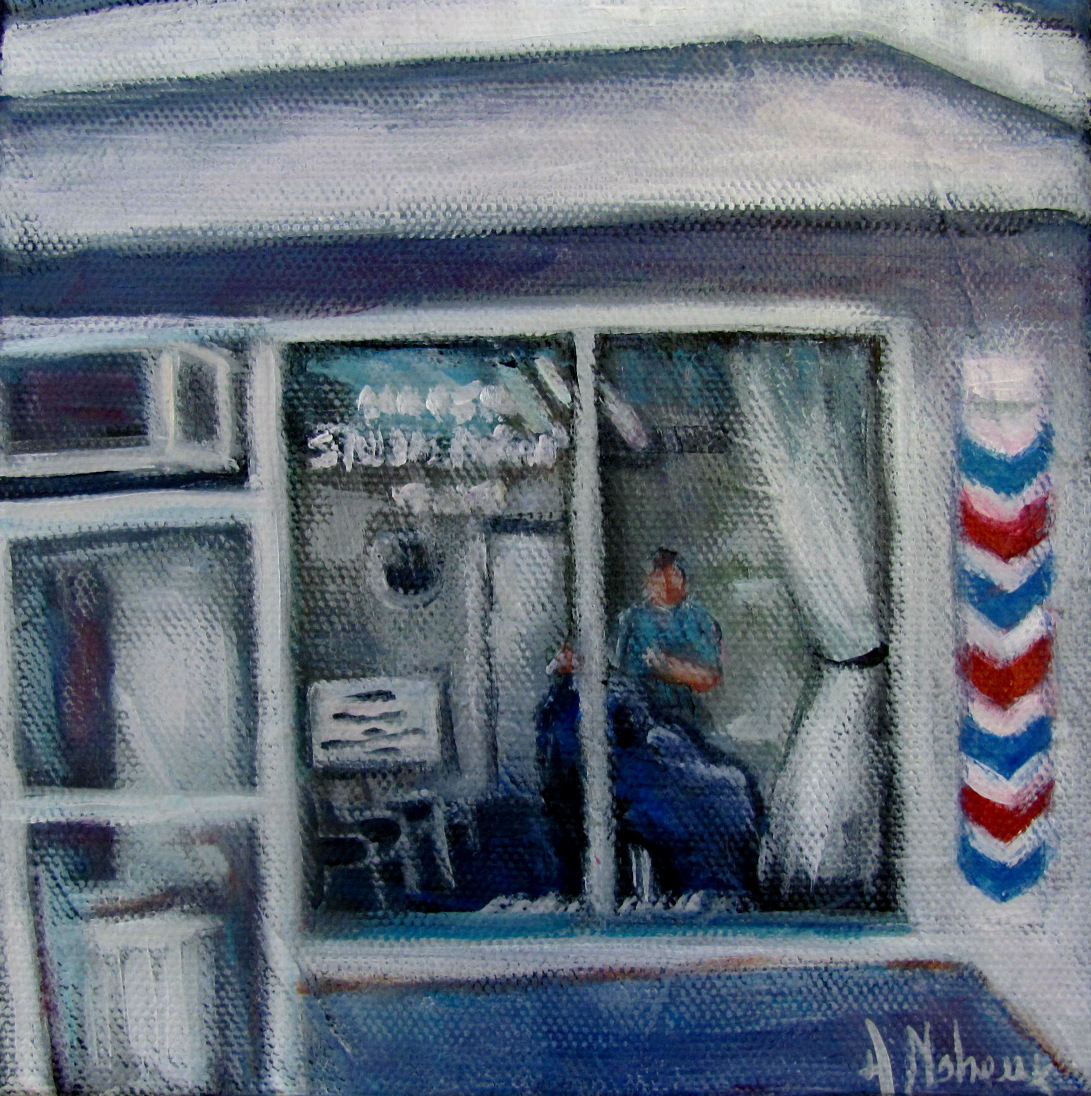 salon de barbier à Saint-Georges par l'artiste peintre Johanne Maheux
