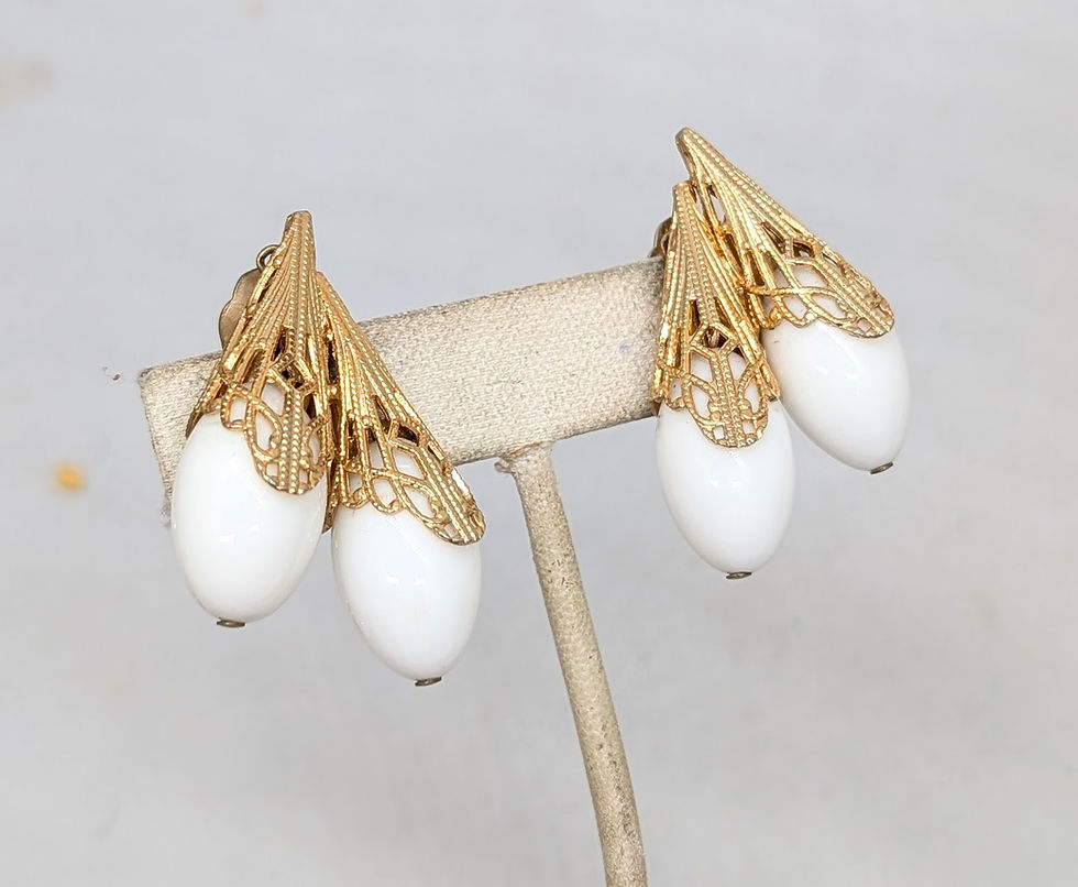 Thumbnail: Vintage 1950s Signed Napier Goldtone Filigree & White Resin Clip Earrings