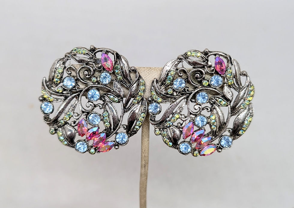 Thumbnail: Vintage 1980s Signed Thelma Deutsch Large Round Pastel Rhinestone Clip Earrings