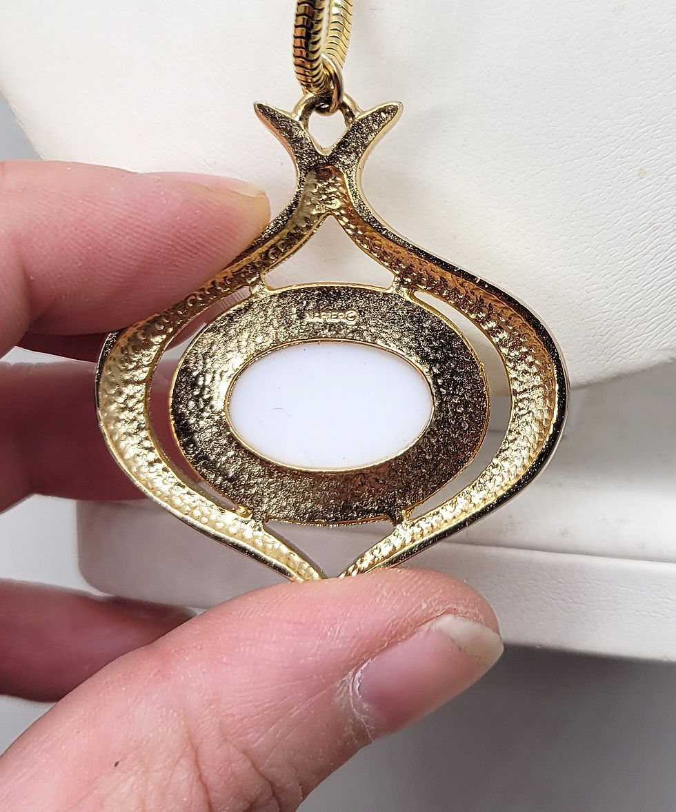 Thumbnail: Vintage 1970s Signed Napier Goldtone White Cabochon Pendant Necklace